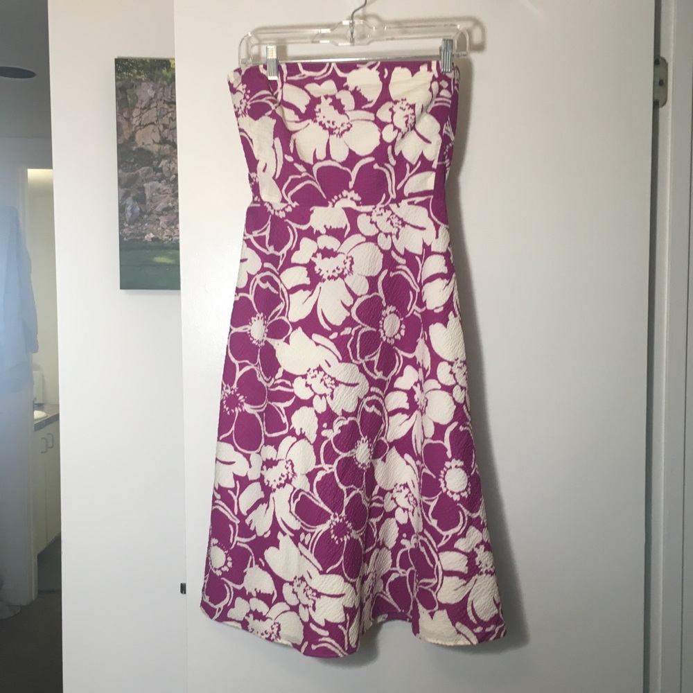 EUC J Crew Strapless PurpleWhite seersucker Dress